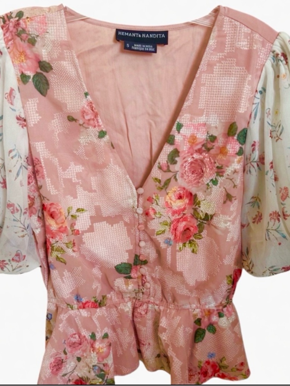 Anthropologie HEMANT & NANDITA V Neck Short Sleeve Floral Blouse Size S - Picture 9 of 10